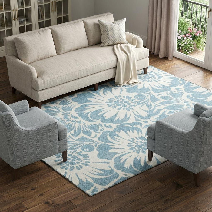 8' X 10' Floral Washable Area Rug With UV Protection (648638) - Denim Blue / Ivory