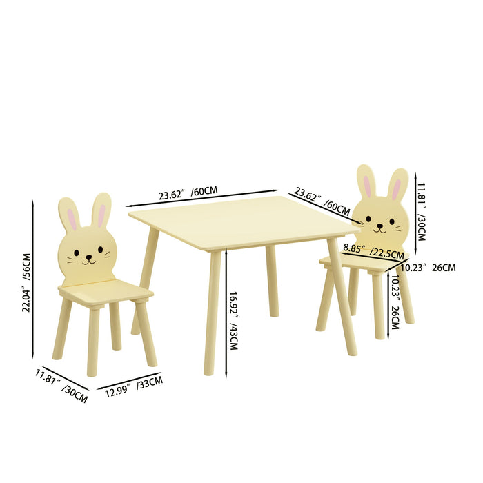 Giga children's table and chair set with two bunny chairs, yellow activity table for toddlers with cute animal design