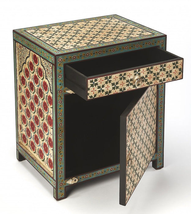 HomeRoots brown and green accent cabinet with one drawer and ivory accents, featuring a stylish and functional design.