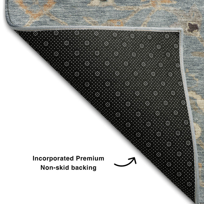 10' X 14' Floral Washable Area Rug With UV Protection (686120) - Denim Blue / Beige / Copper