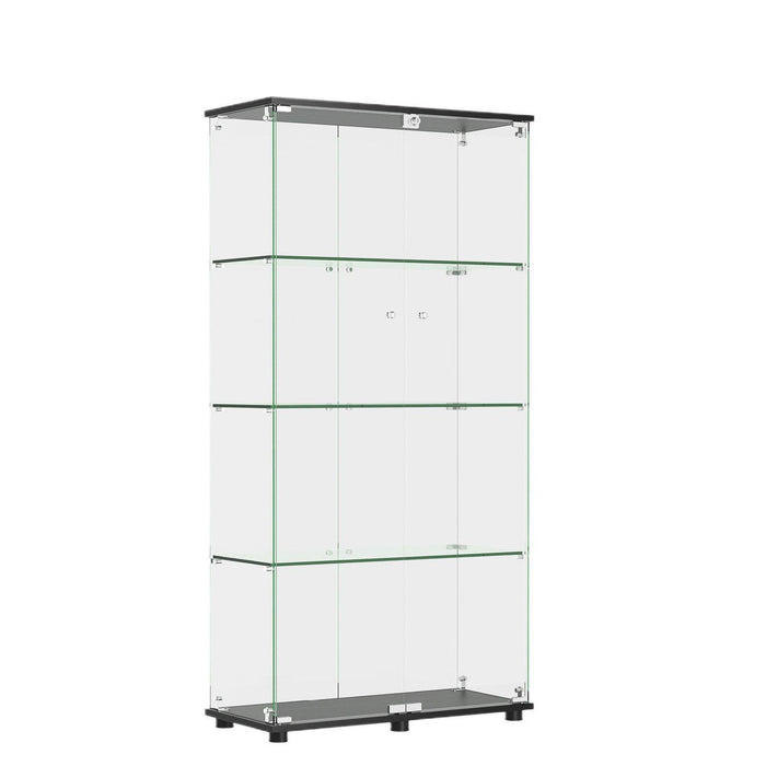 Giga modern black glass display cabinet with 4 shelves, double doors, lock, and tempered glass for living room storage.