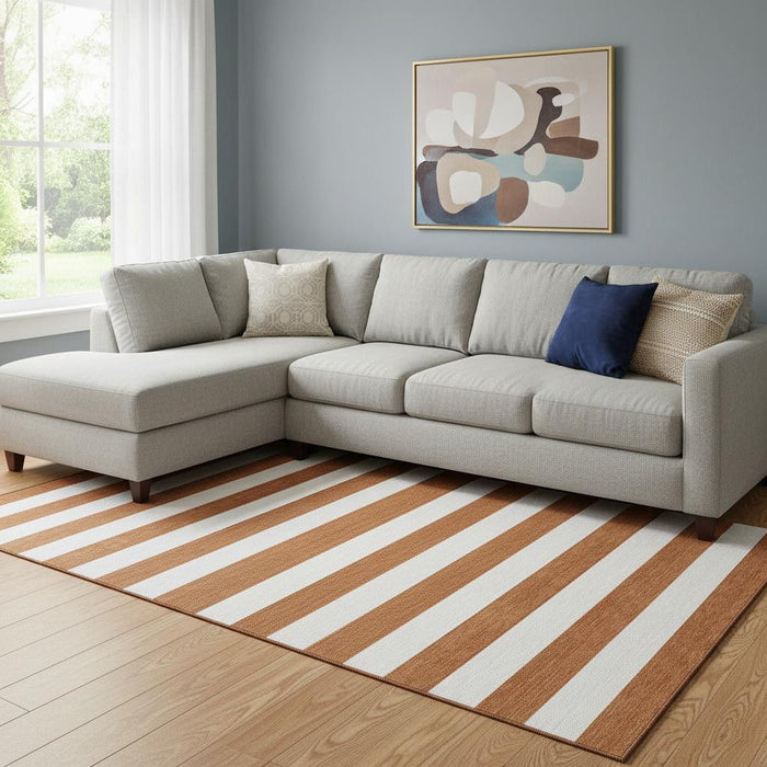 9' X 12' Striped Washable Area Rug With UV Protection (647631) - Rust / Ivory