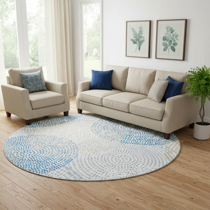 8' Abstract Washable Round Rug With UV Protection (650365) - Ivory / Blue