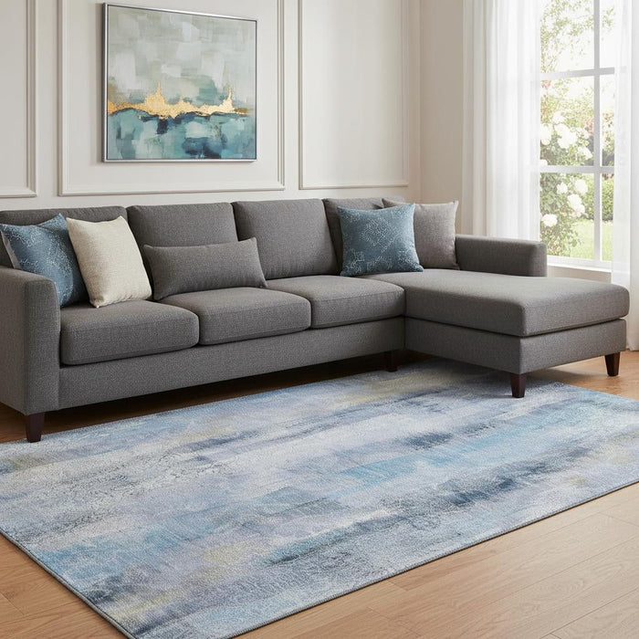 9' X 12' Abstract Washable Area Rug With UV Protection (648117) - Blue / Ivory