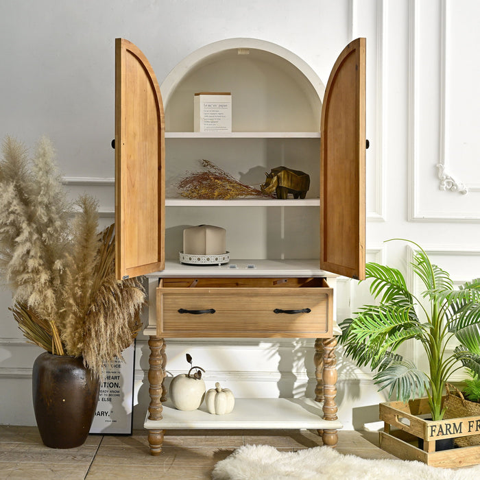 Natural and white arched flower carved accent sideboard cabinet with one drawer and shelf for kitchen storage by Giga