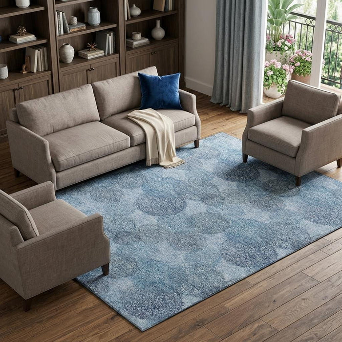 10' X 14' Abstract Washable Area Rug With UV Protection (677159) - Denim Blue / Sky Blue
