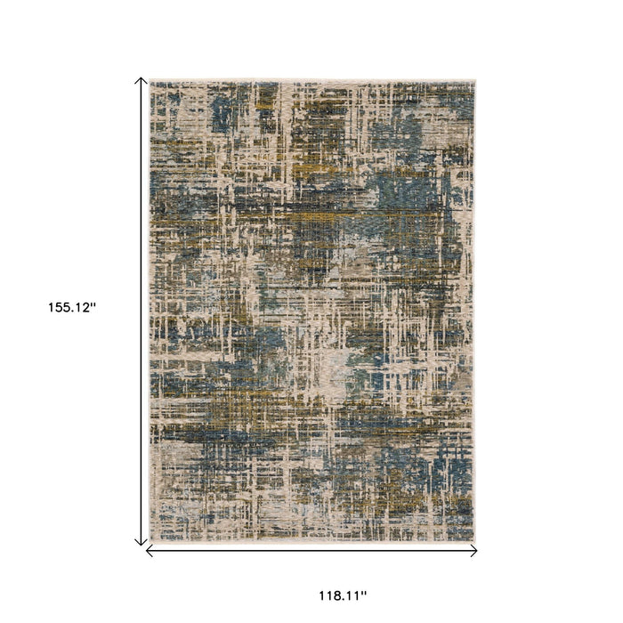 10' X 13' Abstract Distressed Area Rug With Fringe - Blue And Gold