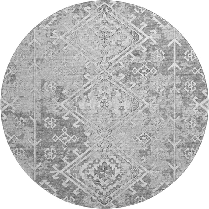 8' Geometric Washable Round Rug With UV Protection - Ash Gray And Ivory