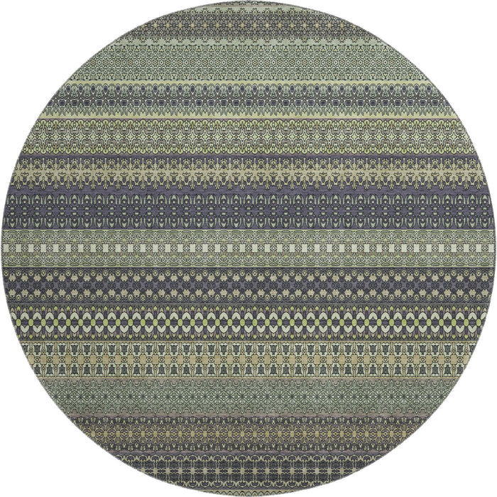 8' Striped Washable Round Rug With UV Protection (647551) - Sage / Gray / Ivory