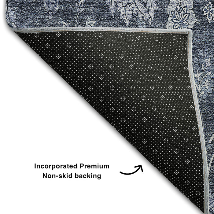 10' X 14' Floral Washable Area Rug With UV Protection (655914) - Blue / Ivory