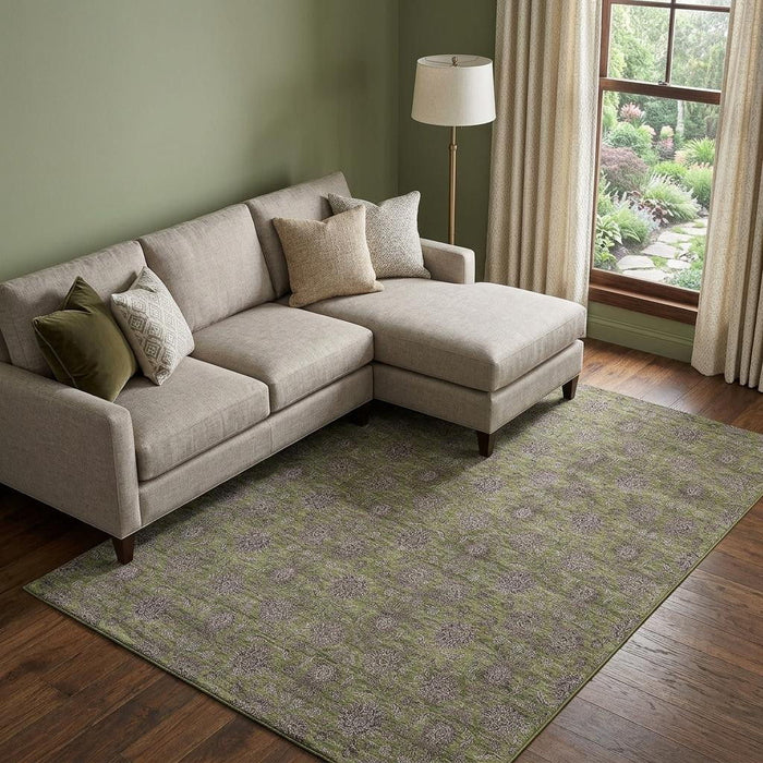 9' X 12' Floral Washable Area Rug With UV Protection (656848) - Olive Green / Beige