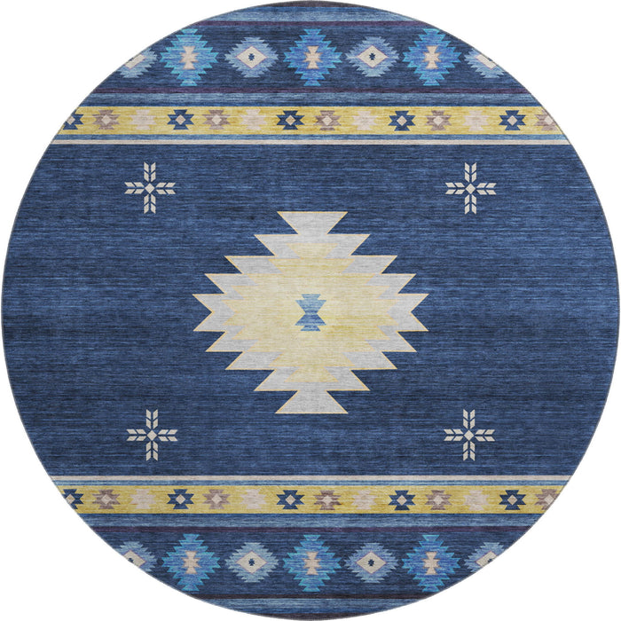 8' Geometric Washable Round Rug With UV Protection - Blue And Gold