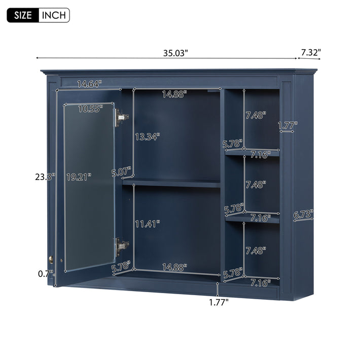 Giga wall-mounted medicine cabinet with mirror, featuring 6 open shelves and adjustable interior storage for bathroom organization.