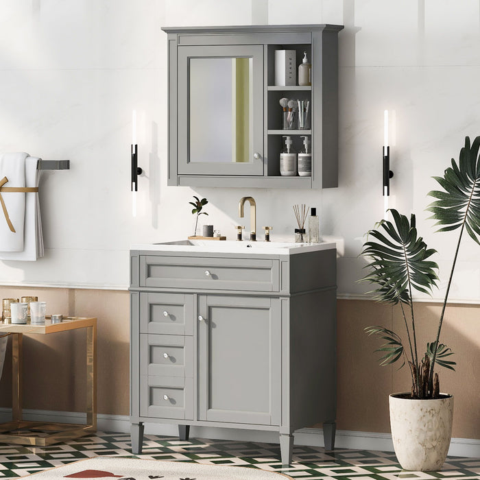 Giga bathroom vanity with mirror cabinet, soft closing doors, and four drawers for modern bathroom storage.