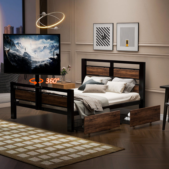 Black Giga twin size platform bed with headboard, footboard, two storage drawers, and a rotatable TV stand.