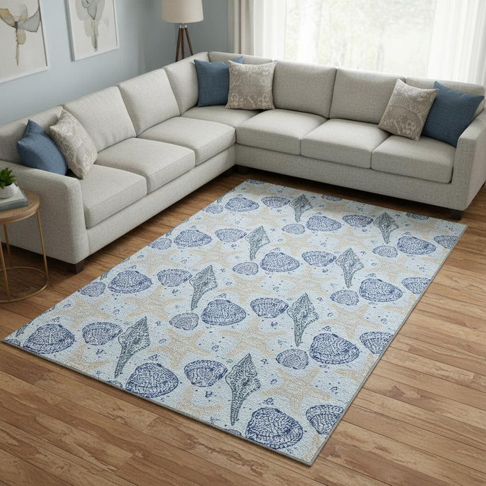 9' X 12' Geometric Washable Area Rug With UV Protection (645773) - Blue / Beige