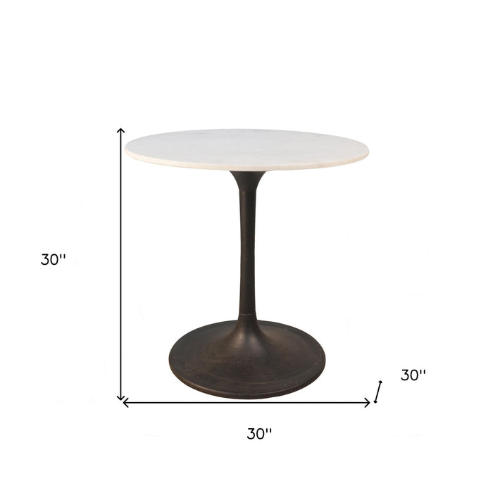 30" Rounded Marble And Iron Pedestal Base Dining Room Table - White