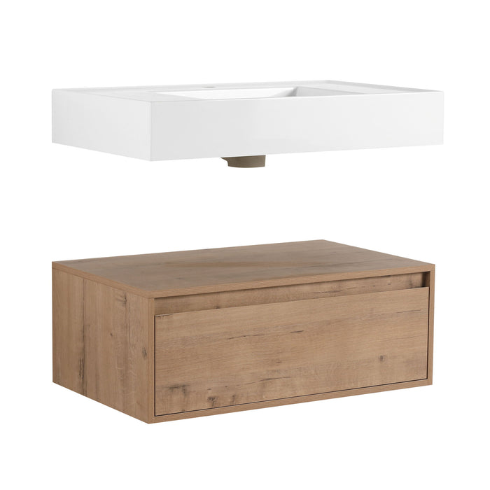 Giga wall-mounted bathroom vanity with resin sink, soft-close drawer, in Imitative Oak finish, modern bathroom storage unit
