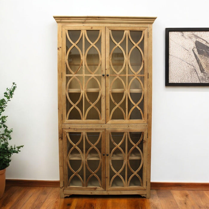 47" Solid Wood Carved Geometric Accent Cabinet With Four Doors - Natural