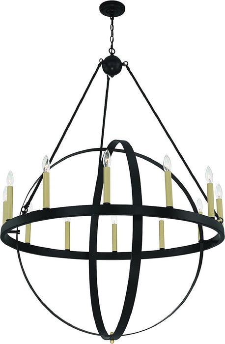 Black and gold 56-inch candle style twelve-light metal chandelier with dimmable design, featuring elegant candle holders and a modern look.