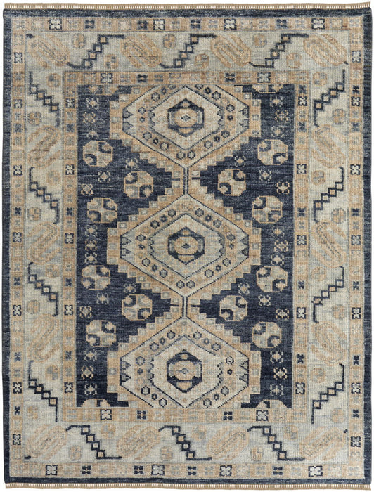 12' X 15' Geometric Hand Knotted Area Rug With Fringe - Blue And Ivory
