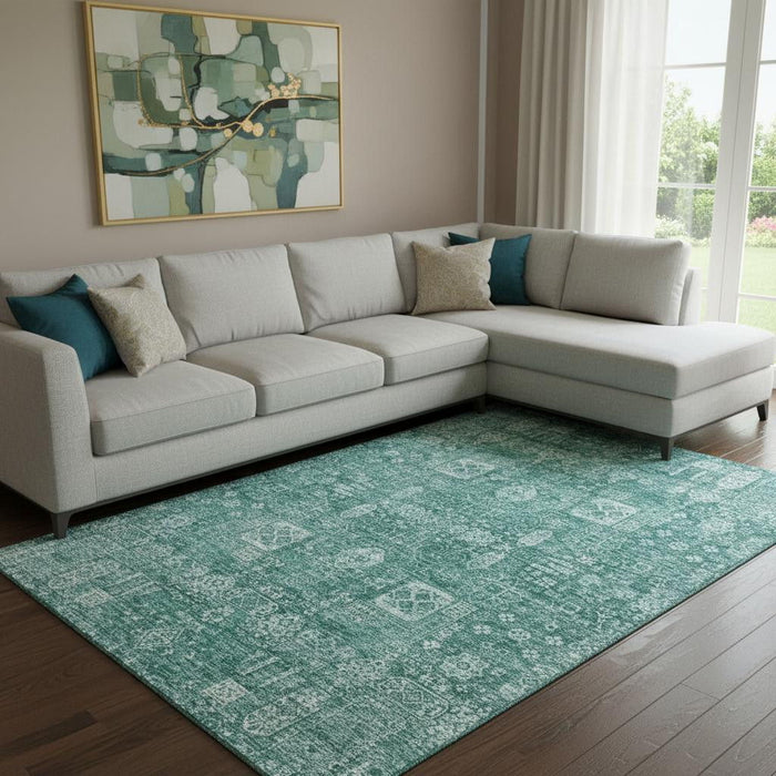 10' X 14' Floral Washable Area Rug With UV Protection (653422) - Teal / Aqua