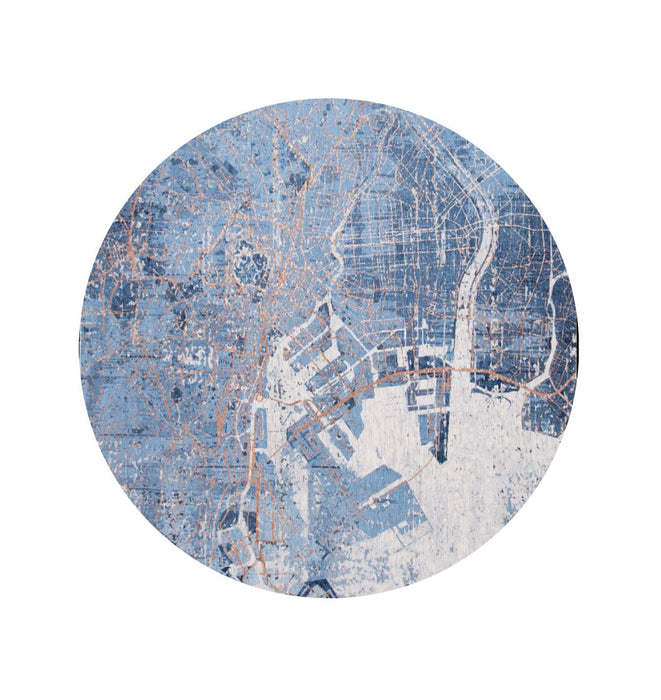 8' Round Abstract Non Skid Area Rug - Blue And Black