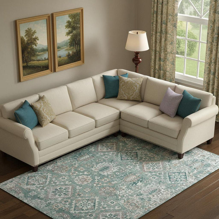 10' X 14' Oriental Washable Area Rug With UV Protection (710550) - Pale Aqua / Ivory