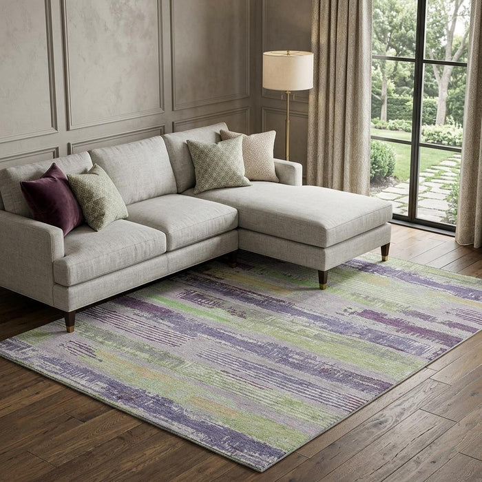 10' X 14' Striped Washable Area Rug With UV Protection (696506) - Lavender / Green / Ivory