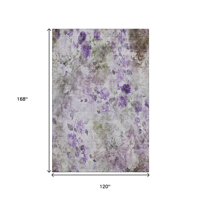 10' X 14' Floral Washable Area Rug With UV Protection (657731) - Purple / Gray / Ivory