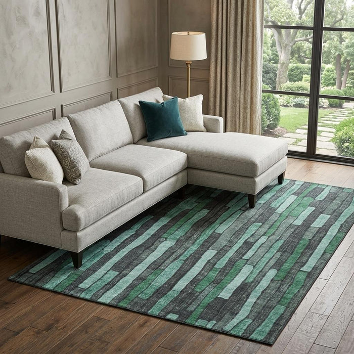 10' X 14' Striped Washable Area Rug With UV Protection (692886) - Sage / Gray / Teal