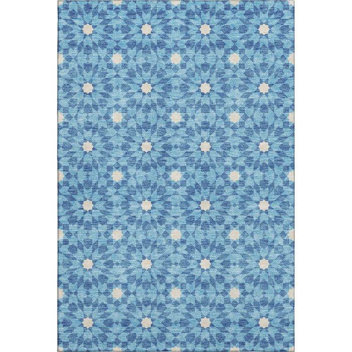 10' X 14' Geometric Washable Area Rug With UV Protection - Denim Blue / Ivory
