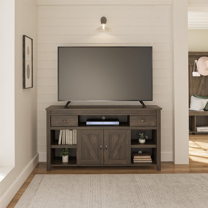 Giga Farmington TV stand in oak wood, designed for TVs up to 60 inches, featuring a modern, sturdy design with storage compartments.