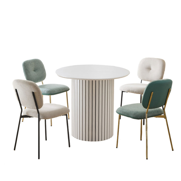 Modern 4-person Giga dining set with white table, bamboo accents, turquoise chairs with metal legs, space-saving design.