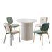 Modern 4-person Giga dining set with white table, bamboo accents, turquoise chairs with metal legs, space-saving design.