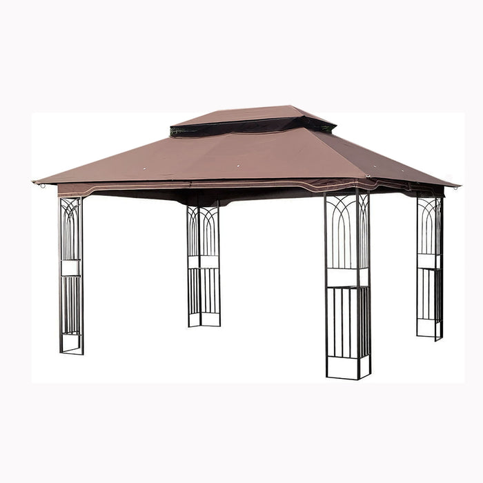 Giga brown outdoor patio gazebo canopy tent with ventilated double roof, mosquito net sides, suitable for lawn, garden, and deck.