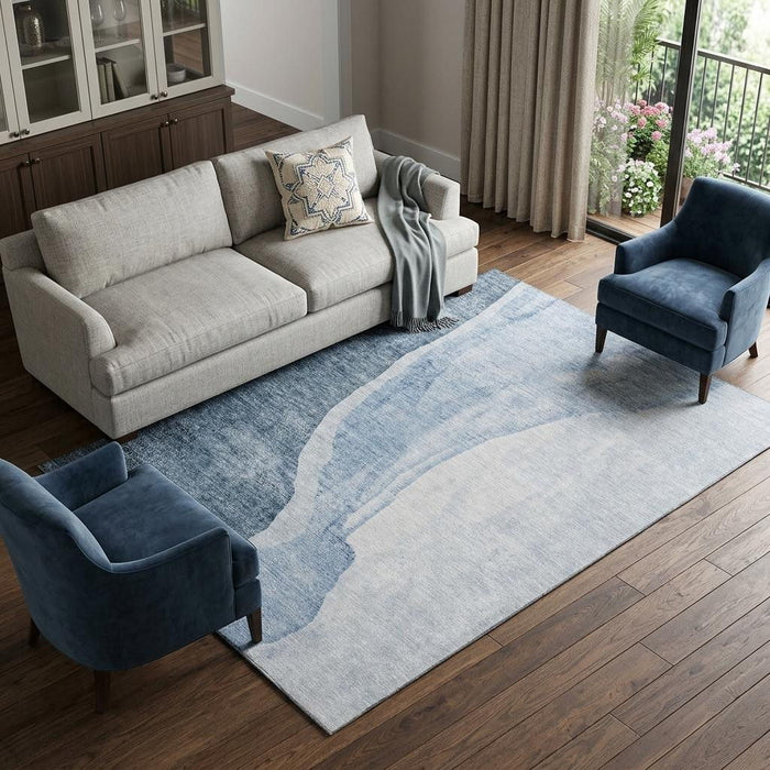 9' X 12' Abstract Washable Area Rug With UV Protection (655311) - Blue / Ivory