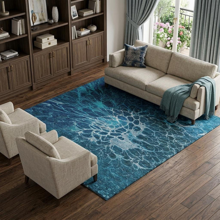 8' X 10' Abstract Washable Area Rug With UV Protection (654576) - Navy Blue / Ivory