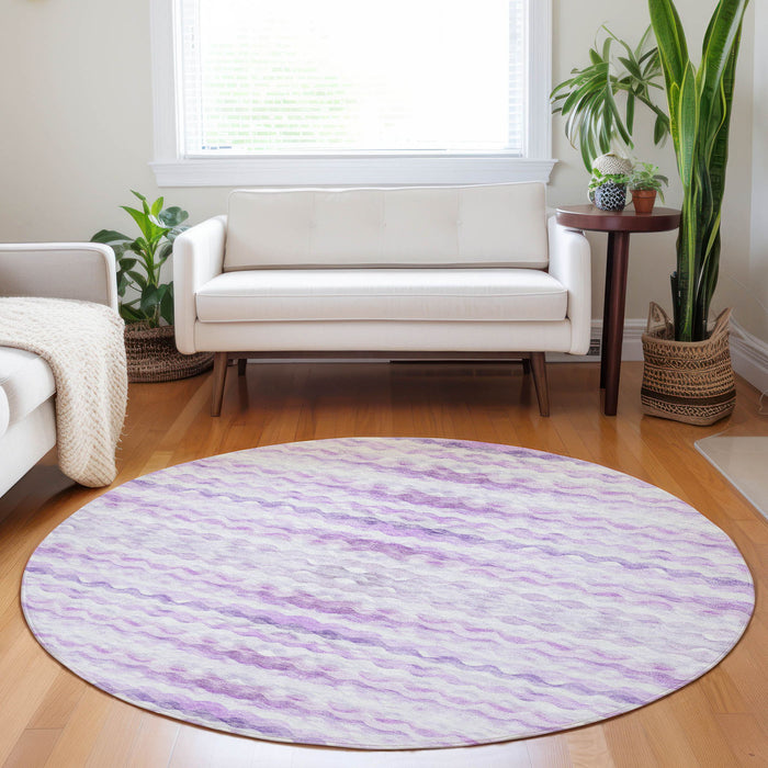 8' Geometric Washable Round Rug With UV Protection - Purple / Ivory