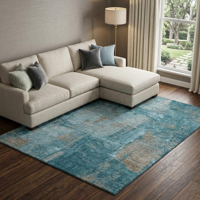10' X 14' Abstract Washable Area Rug With UV Protection (678029) - Teal / Taupe