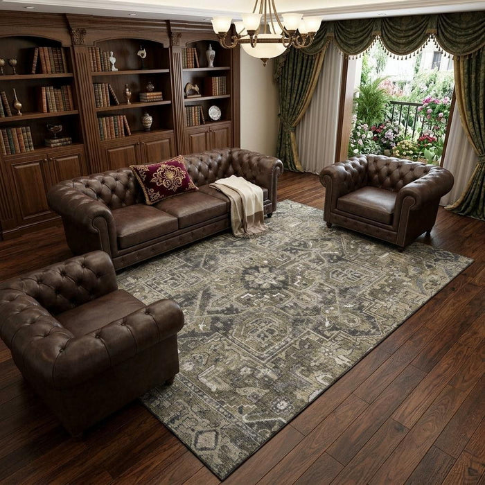 10' X 14' Oriental Washable Area Rug With UV Protection (649732) - Taupe / Ivory / Gray