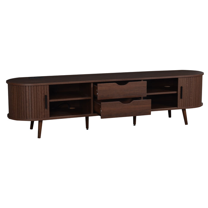Dark brown Giga TV stand for 70-inch TVs with tambour doors, drawers, and built-in power outlet, showcasing sleek modern design.