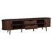Dark brown Giga TV stand for 70-inch TVs with tambour doors, drawers, and built-in power outlet, showcasing sleek modern design.