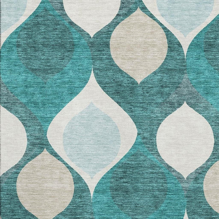 8' X 10' Ogee Washable Area Rug With UV Protection - Teal And Ivory