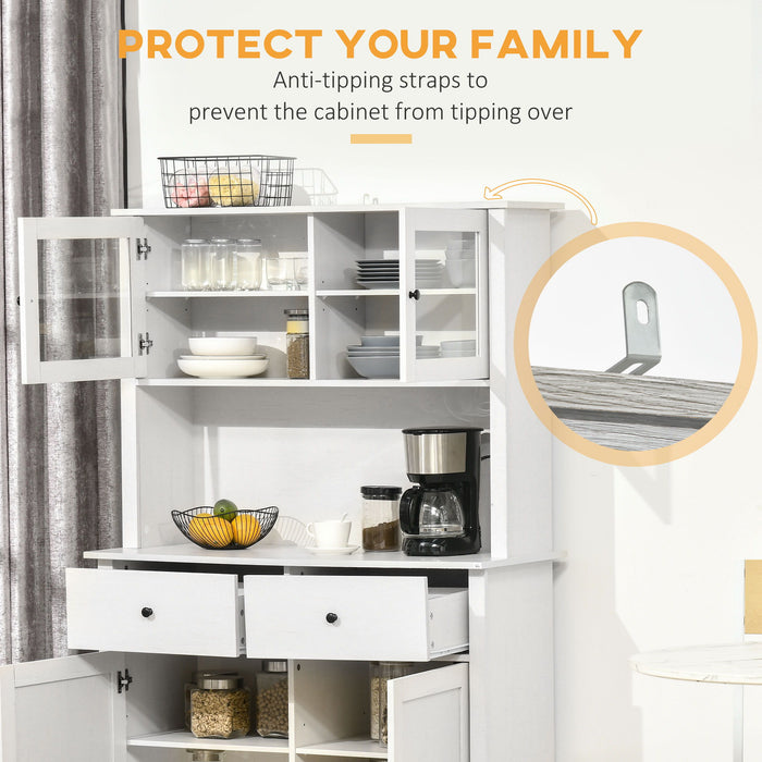 Giga Homcom 63.5-inch antique white kitchen buffet with hutch, glass doors, shelves, drawers, and open microwave countertop.