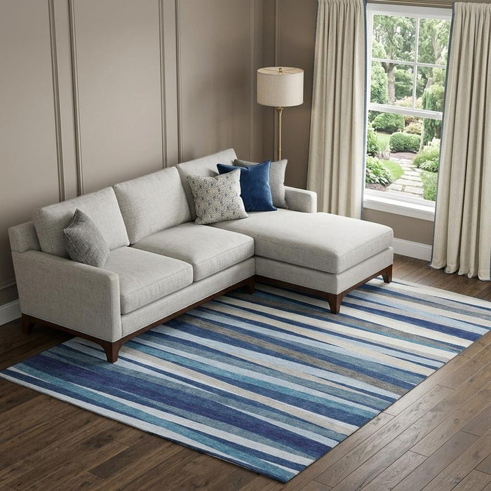 10' X 14' Striped Washable Area Rug With UV Protection (678508) - Navy Blue / Ivory / Gray