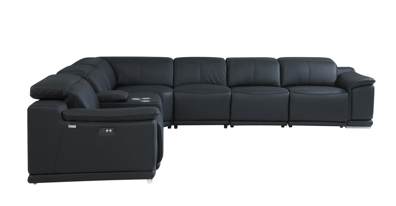 Italian Leather Power Reclining Seven Piece Corner Sectional With Console - Black