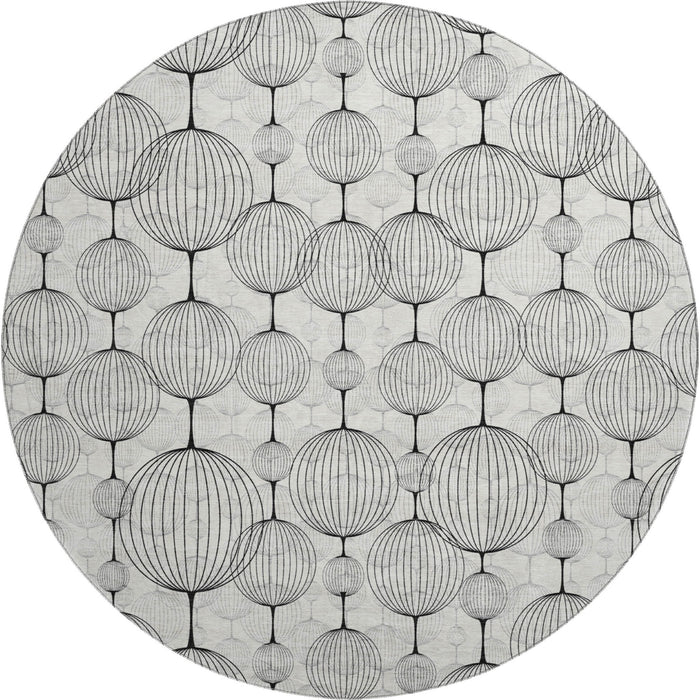 8' Geometric Washable Round Rug With UV Protection - White And Gray