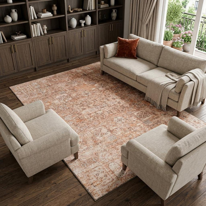 9' X 12' Floral Washable Area Rug With UV Protection (651213) - Salmon / Gray / Ivory
