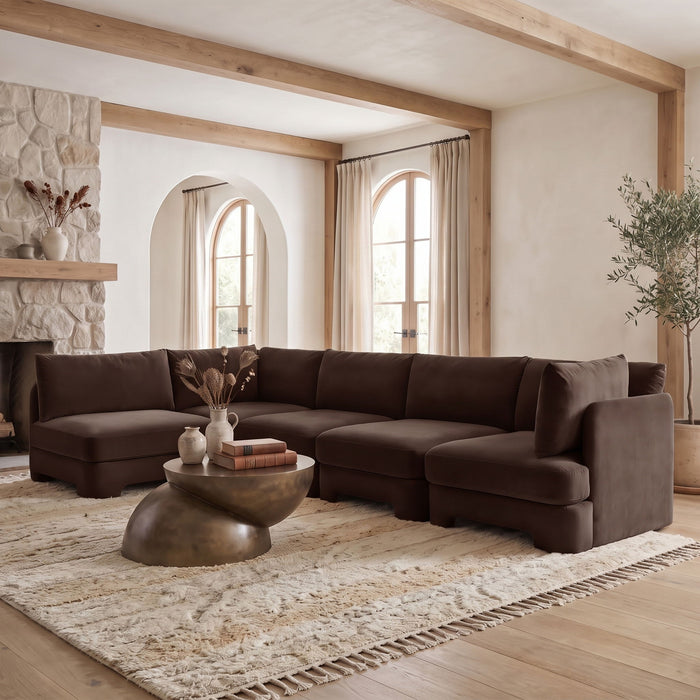 Meridian Furniture velvet upholstery L-shaped sectional sofa with five stationary sections, plush cushions, and modern design.